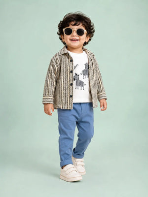 BloomUp Zebra Print 3-Piece Outfit Set for Baby Boys – Textured Shirt, Graphic T-Shirt & Blue Trousers