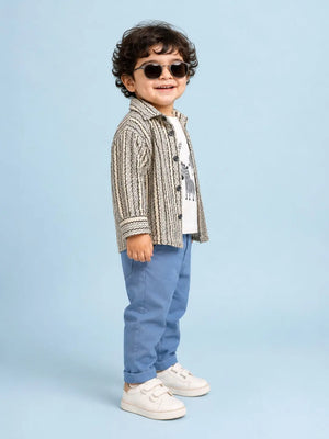 BloomUp Zebra Print 3-Piece Outfit Set for Baby Boys – Textured Shirt, Graphic T-Shirt & Blue Trousers