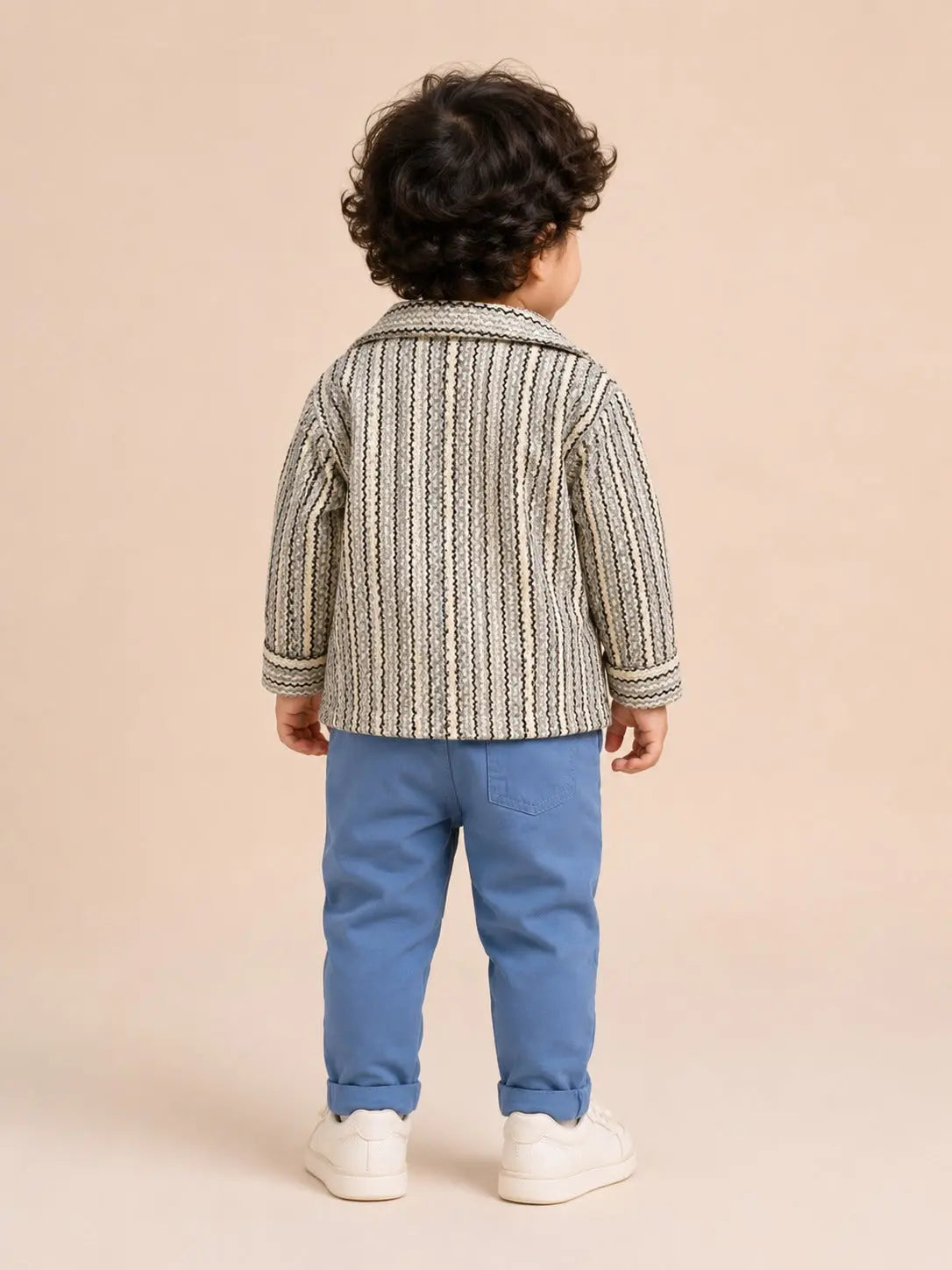 BloomUp Zebra Print 3-Piece Outfit Set for Baby Boys – Textured Shirt, Graphic T-Shirt & Blue Trousers