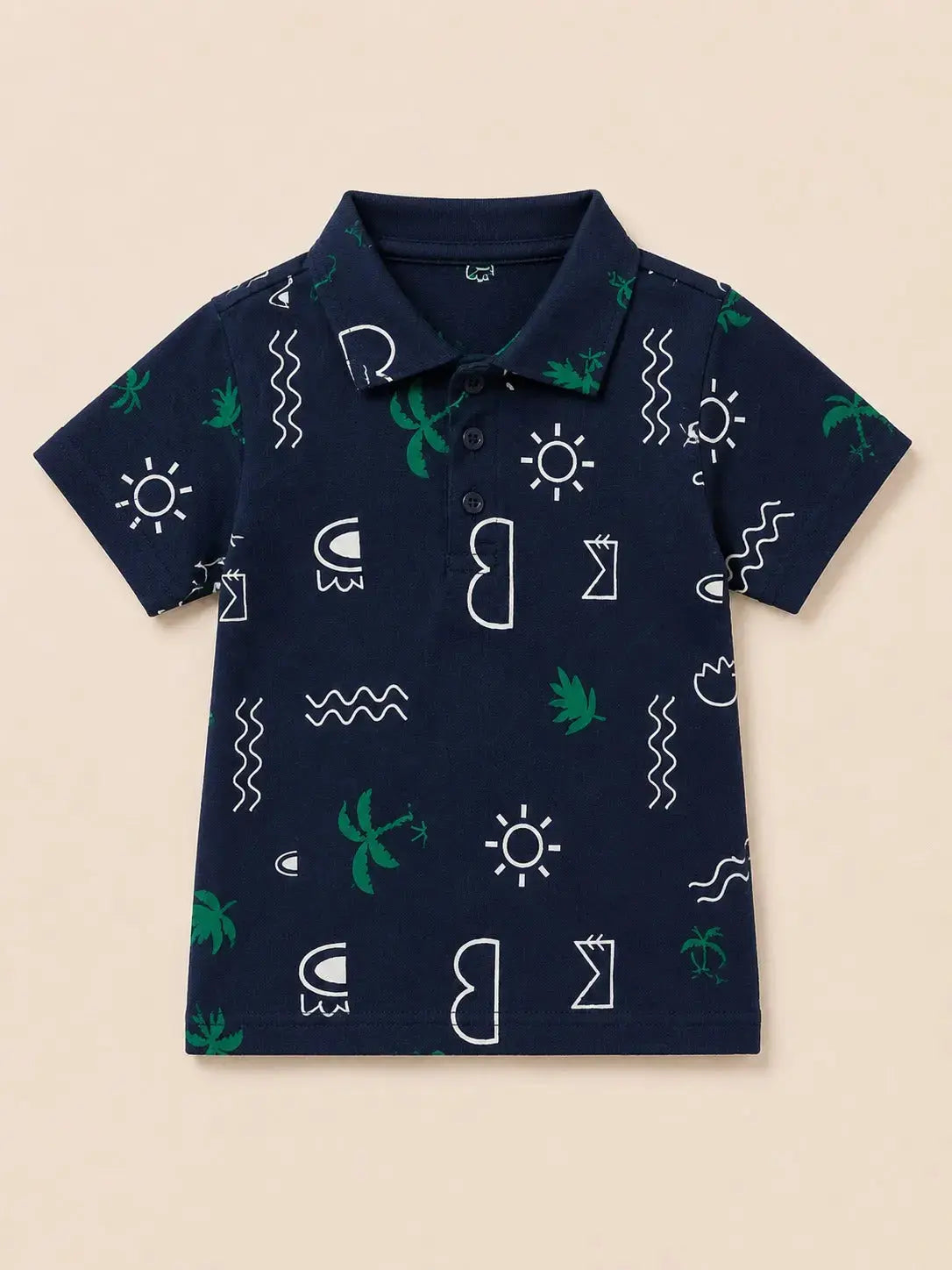 BloomUp Boys Navy Tropical Print Polo T-Shirt – Casual Half Sleeve Summer Tee for Toddlers