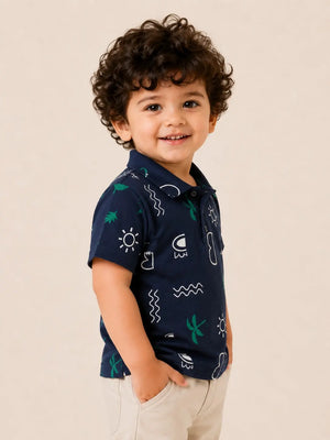 BloomUp Boys Navy Tropical Print Polo T-Shirt – Casual Half Sleeve Summer Tee for Toddlers