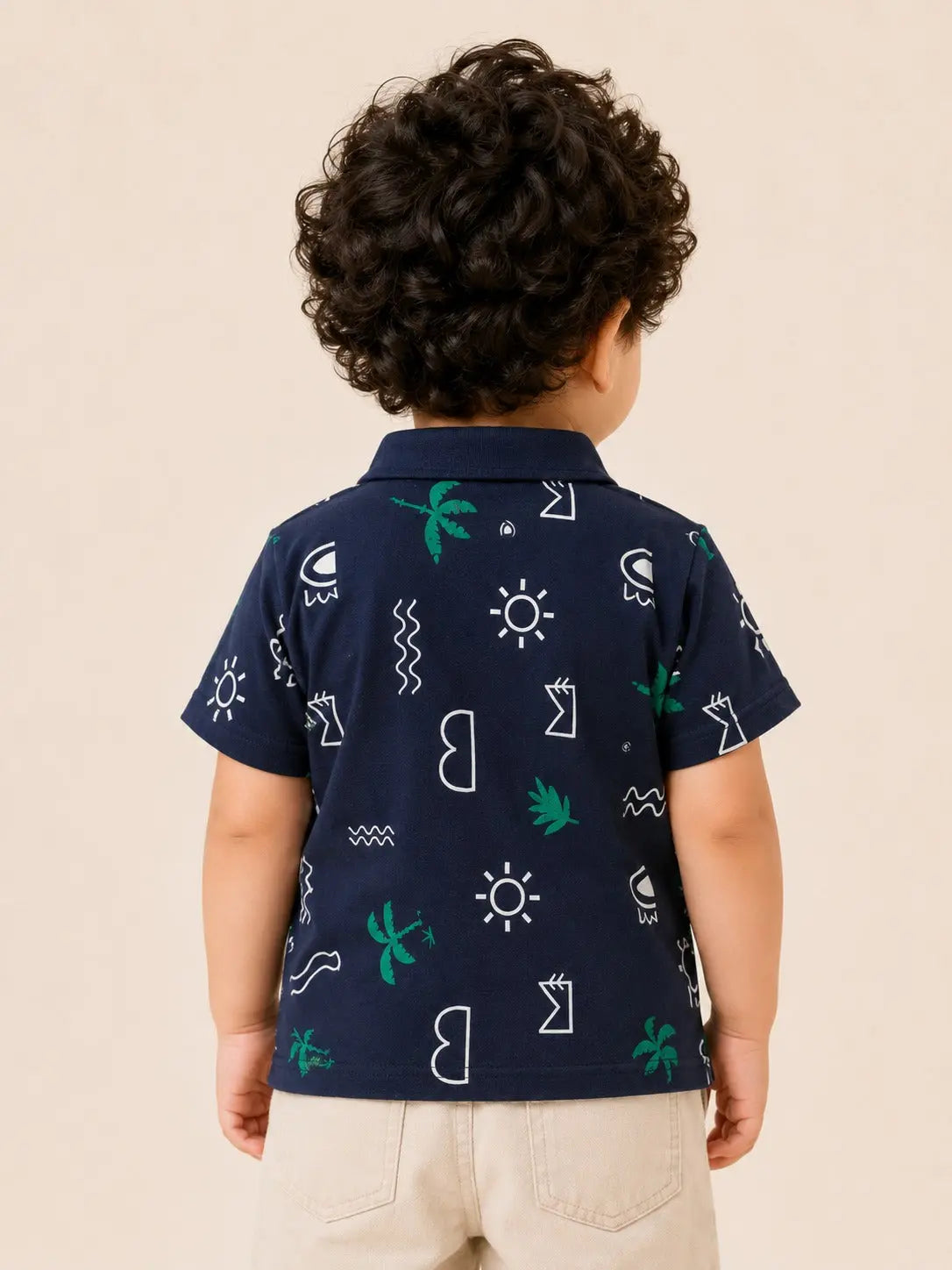 BloomUp Boys Navy Tropical Print Polo T-Shirt – Casual Half Sleeve Summer Tee for Toddlers