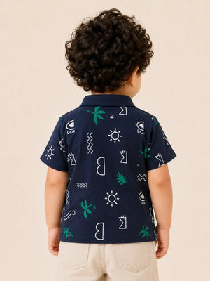 BloomUp Boys Navy Tropical Print Polo T-Shirt – Casual Half Sleeve Summer Tee for Toddlers
