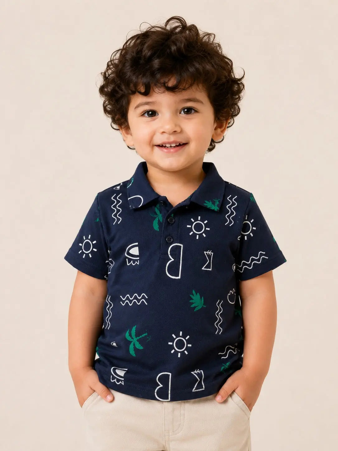 BloomUp Boys Navy Tropical Print Polo T-Shirt – Casual Half Sleeve Summer Tee for Toddlers