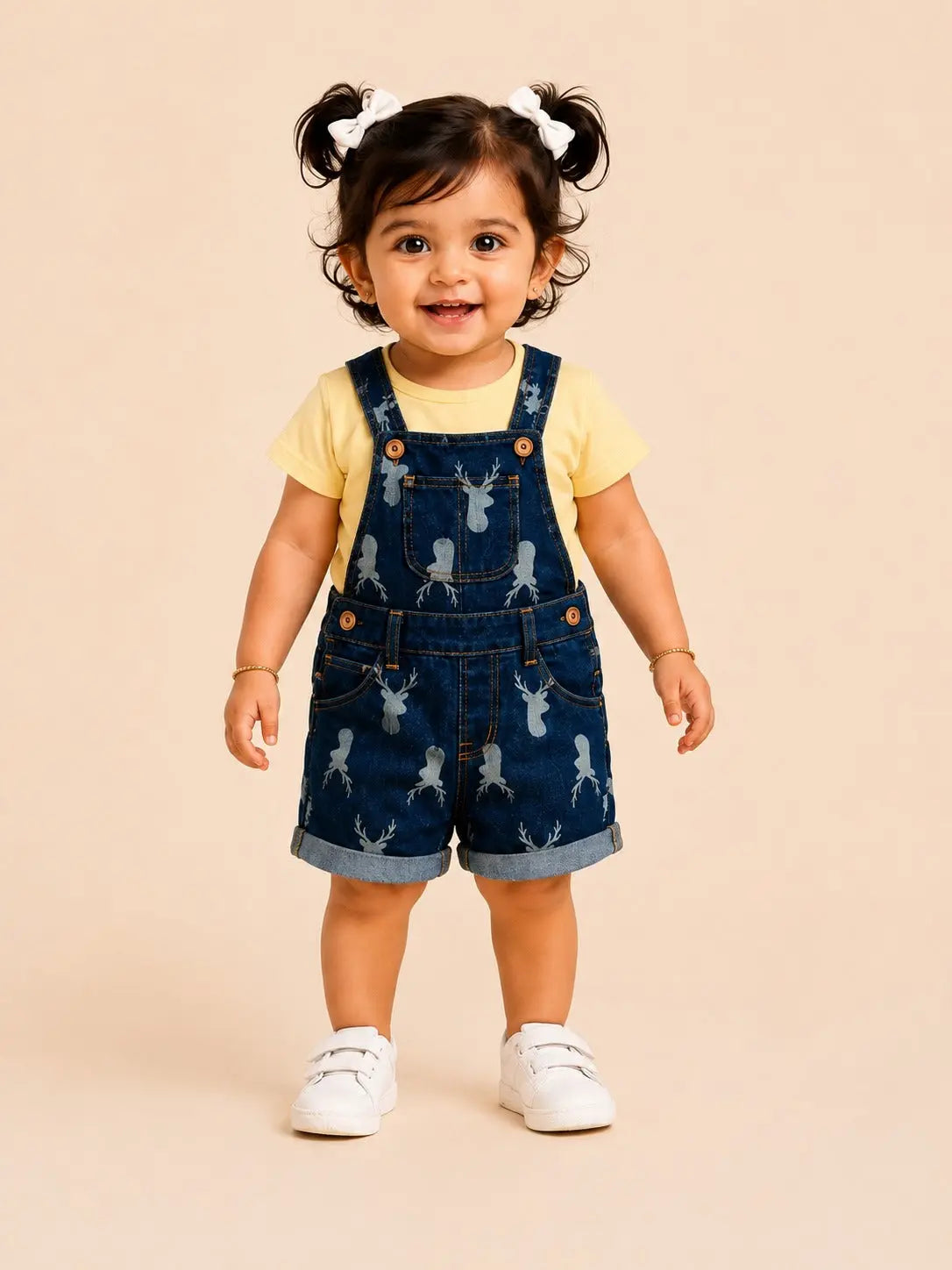 BloomUp Denim Printed Dungaree Shorts Set with T-Shirt – Soft Cotton Summer Wear for Girls