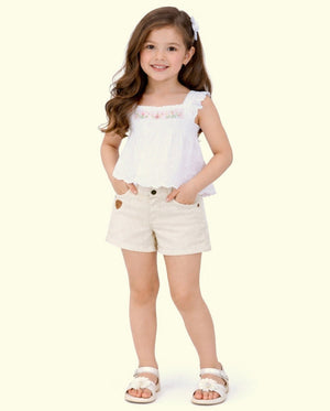 Girls Solid White Denim Shorts with Button Closure BloomUp
