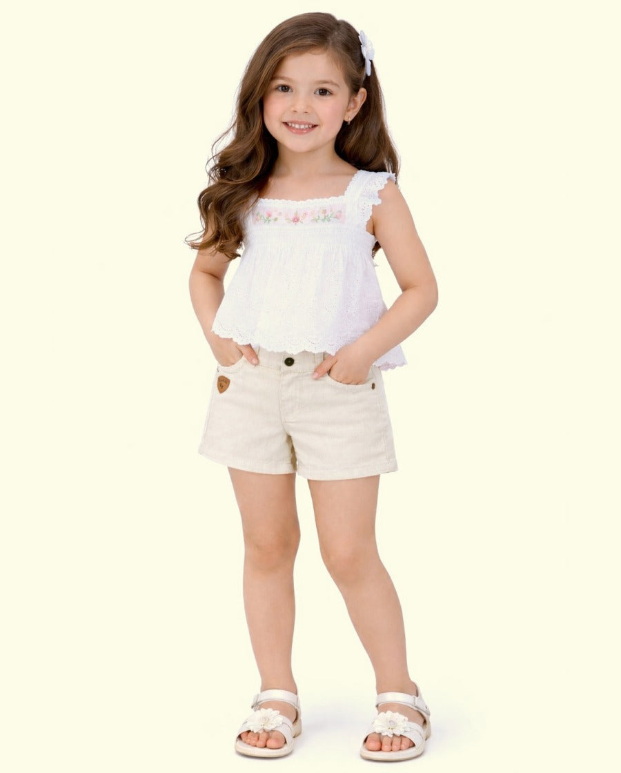 Girls Solid White Denim Shorts with Button Closure BloomUp