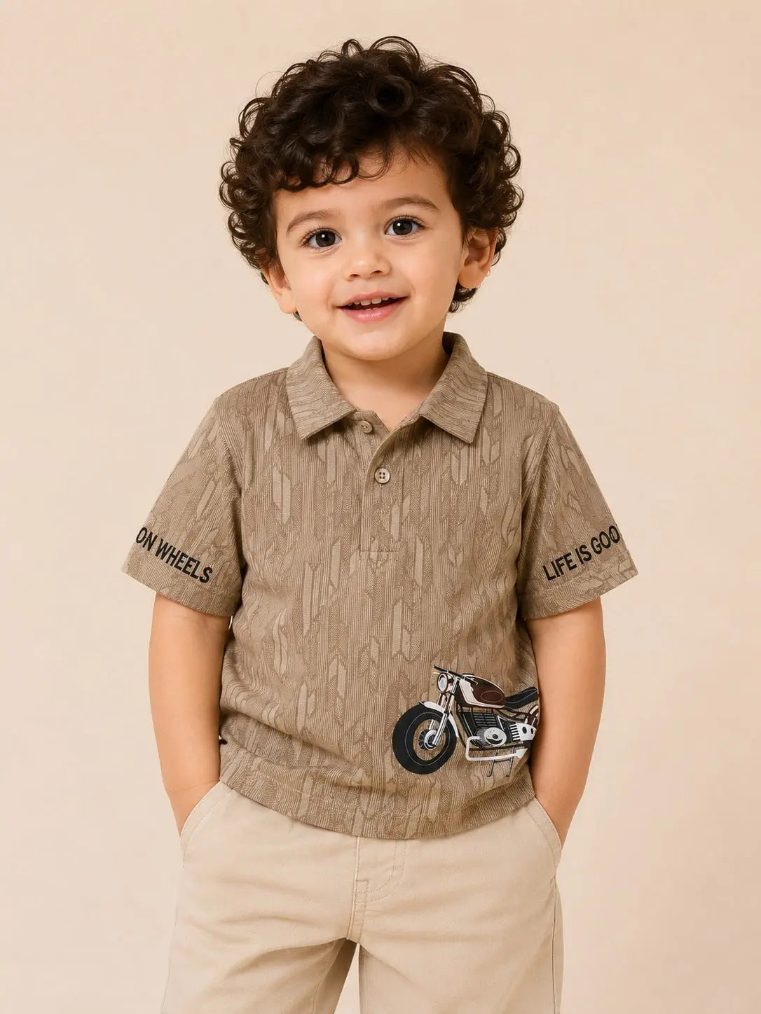 BloomUp Boys Olive Brown Bike Graphic Polo T-Shirt – Textured Casual Half Sleeve Tee for Toddlers