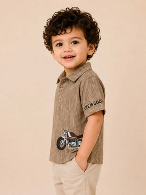 BloomUp Boys Olive Brown Bike Graphic Polo T-Shirt – Textured Casual Half Sleeve Tee for Toddlers