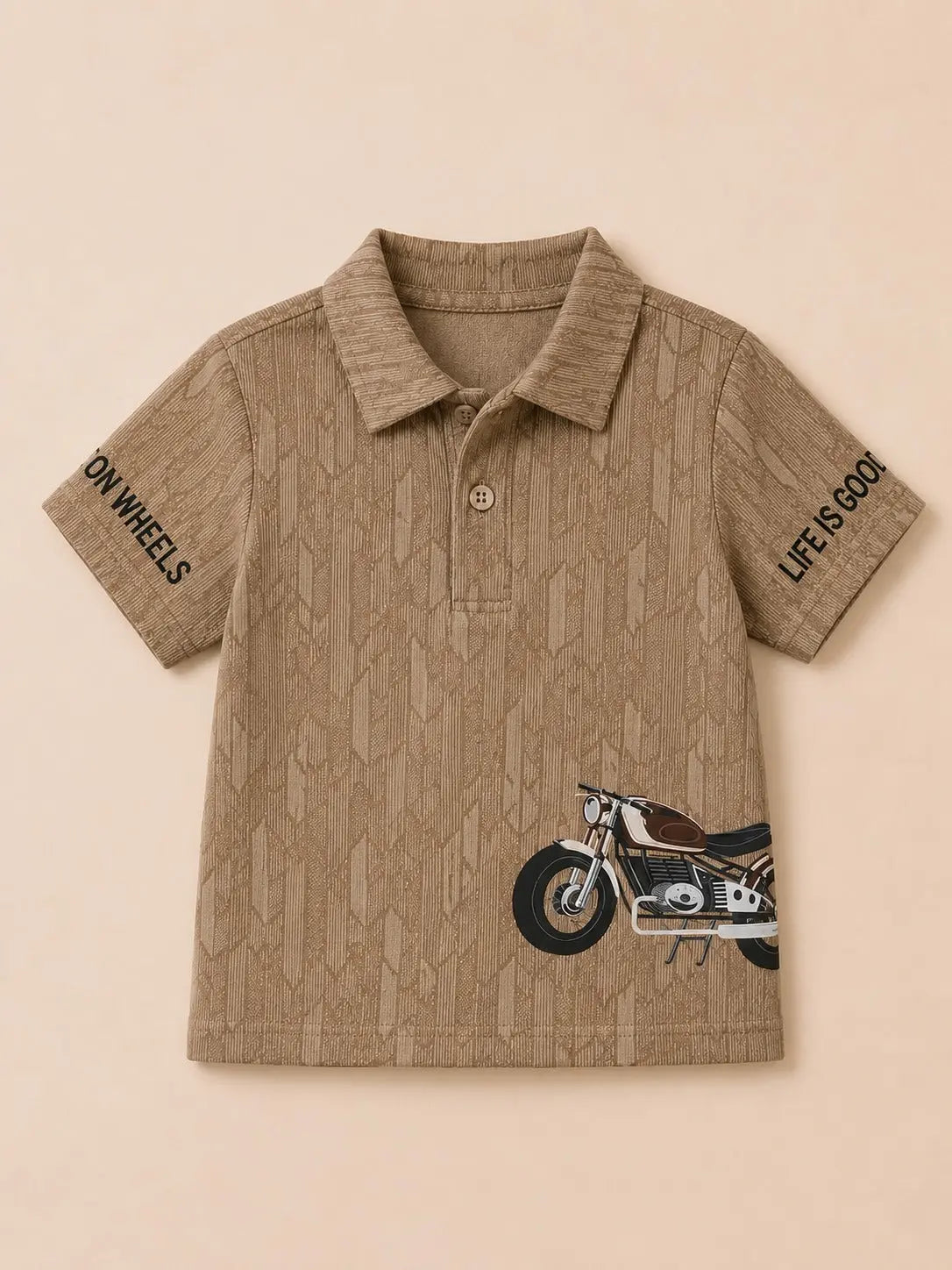 BloomUp Boys Olive Brown Bike Graphic Polo T-Shirt – Textured Casual Half Sleeve Tee for Toddlers