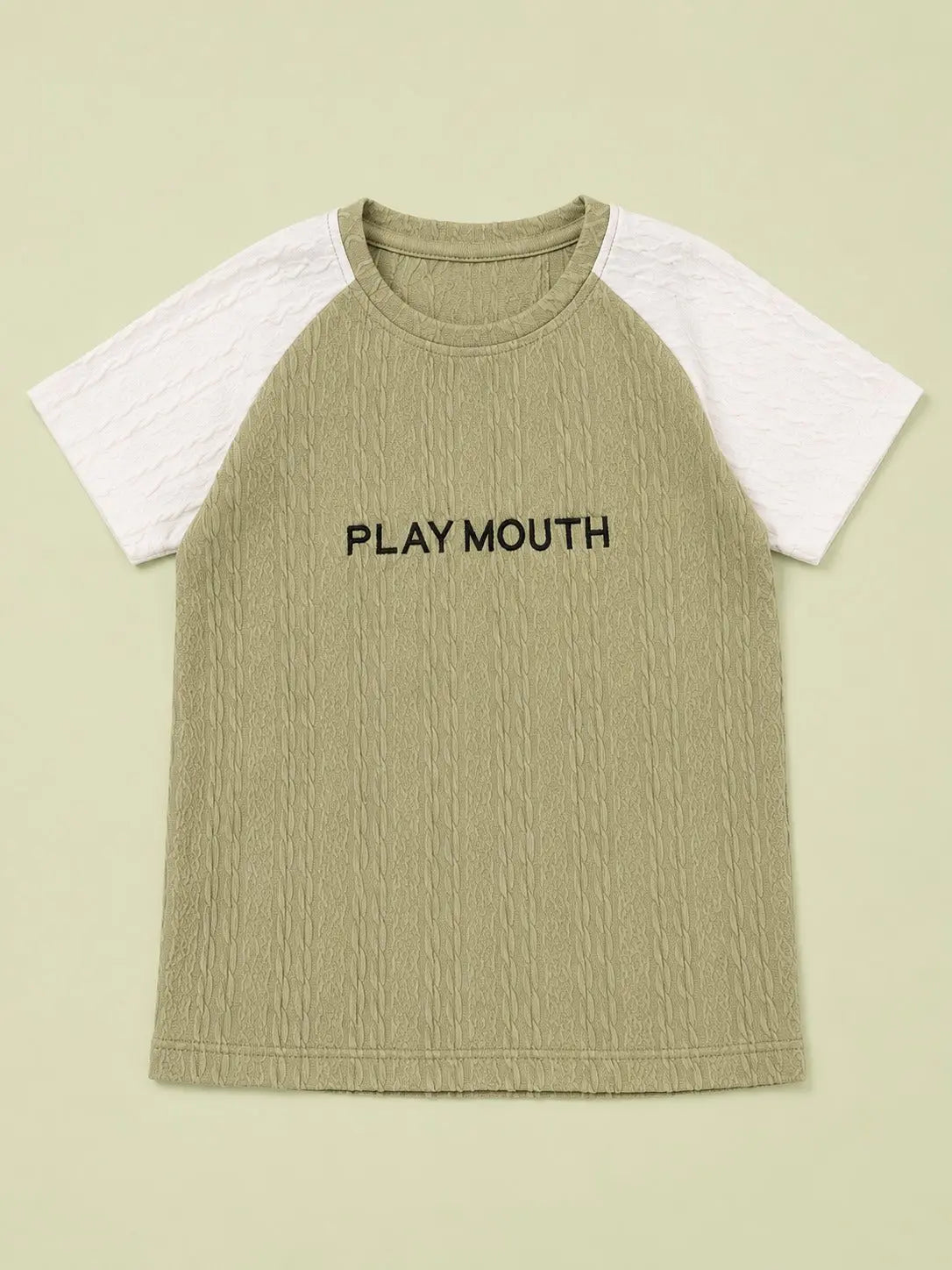 BloomUp Boys Olive Green & White Raglan Textured Cotton T-Shirt – PLAY MOUTH Casual Tee