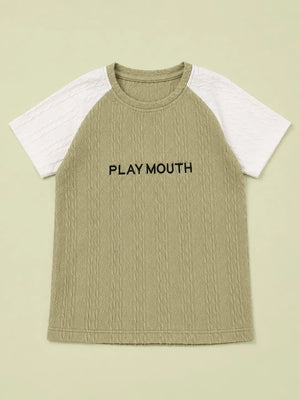 BloomUp Boys Olive Green & White Raglan Textured Cotton T-Shirt – PLAY MOUTH Casual Tee