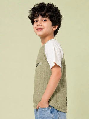 BloomUp Boys Olive Green & White Raglan Textured Cotton T-Shirt – PLAY MOUTH Casual Tee