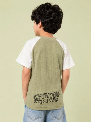 BloomUp Boys Olive Green & White Raglan Textured Cotton T-Shirt – PLAY MOUTH Casual Tee