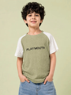 BloomUp Boys Olive Green & White Raglan Textured Cotton T-Shirt – PLAY MOUTH Casual Tee