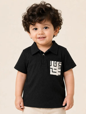 BloomUp Boys Black Textured Polo T-Shirt – Geometric Pocket Detail Casual Half Sleeve Tee