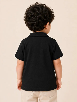 BloomUp Boys Black Textured Polo T-Shirt – Geometric Pocket Detail Casual Half Sleeve Tee
