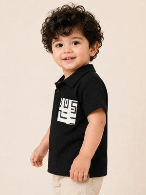BloomUp Boys Black Textured Polo T-Shirt – Geometric Pocket Detail Casual Half Sleeve Tee
