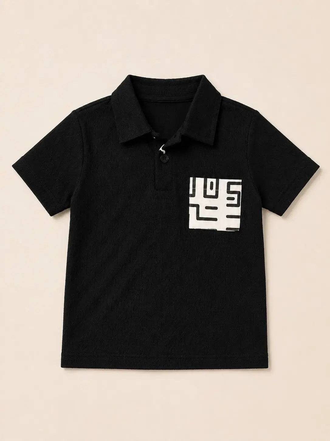 BloomUp Boys Black Textured Polo T-Shirt – Geometric Pocket Detail Casual Half Sleeve Tee