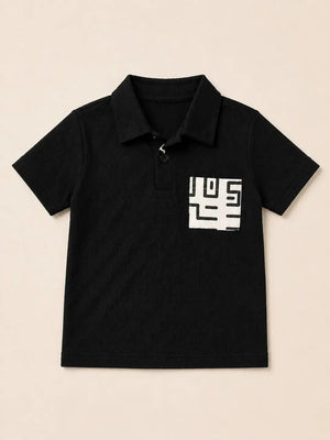 BloomUp Boys Black Textured Polo T-Shirt – Geometric Pocket Detail Casual Half Sleeve Tee