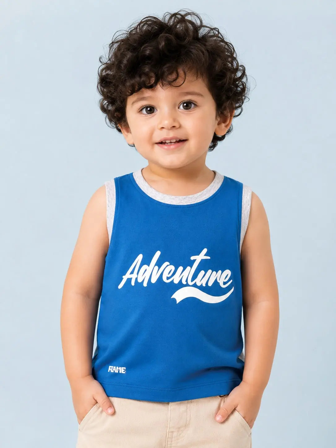 BloomUp Boys Adventure Graphic Sleeveless T-Shirt – Blue Cotton Casual Tank Top for Kids
