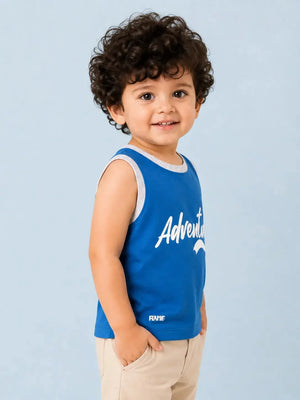 BloomUp Boys Adventure Graphic Sleeveless T-Shirt – Blue Cotton Casual Tank Top for Kids