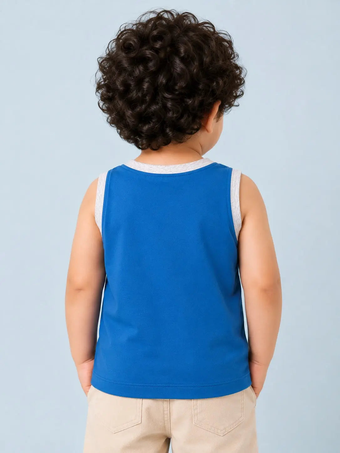 BloomUp Boys Adventure Graphic Sleeveless T-Shirt – Blue Cotton Casual Tank Top for Kids