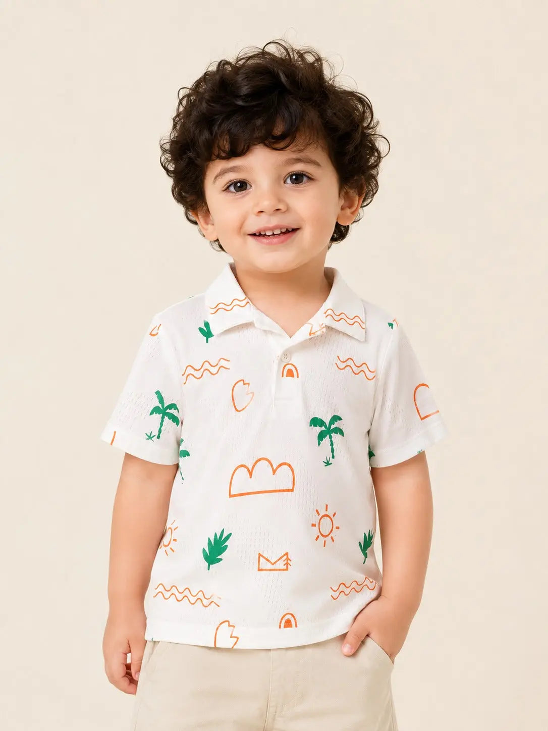 BloomUp Boys White Tropical Print Polo T-Shirt – Casual Half Sleeve Summer Tee for Toddlers