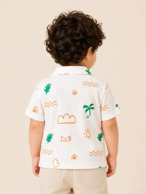 BloomUp Boys White Tropical Print Polo T-Shirt – Casual Half Sleeve Summer Tee for Toddlers