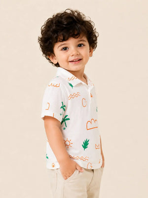 BloomUp Boys White Tropical Print Polo T-Shirt – Casual Half Sleeve Summer Tee for Toddlers