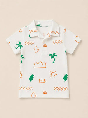 BloomUp Boys White Tropical Print Polo T-Shirt – Casual Half Sleeve Summer Tee for Toddlers