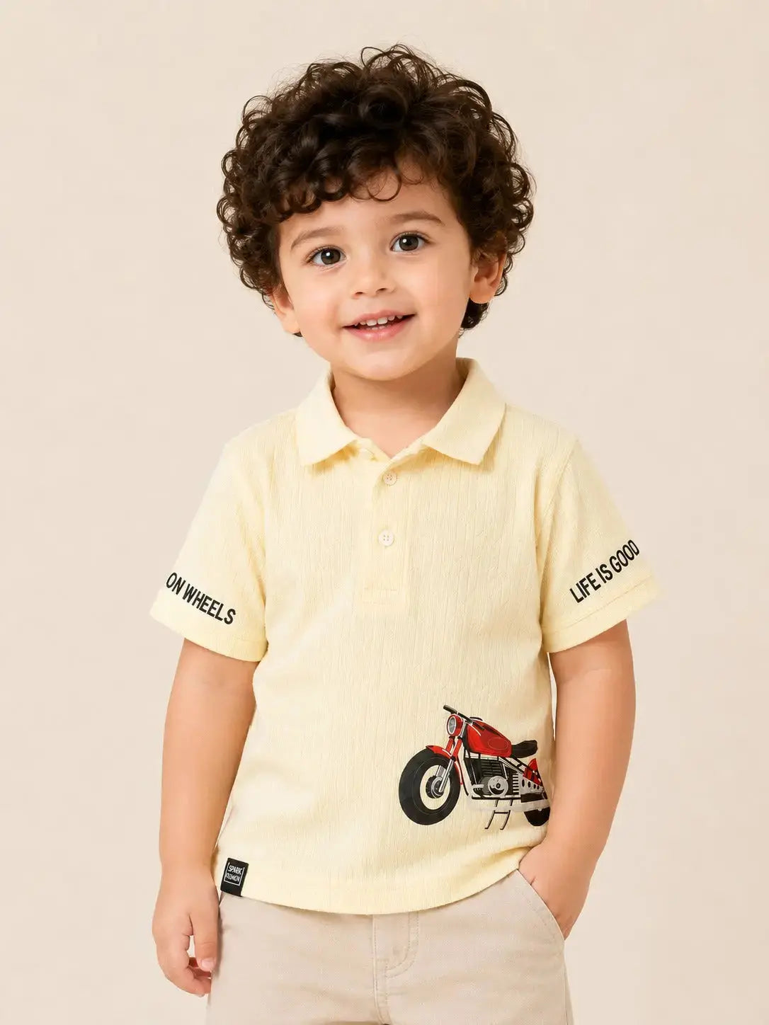 BloomUp Boys Cream Bike Graphic Polo T-Shirt – Textured Casual Half Sleeve Tee for Toddlers
