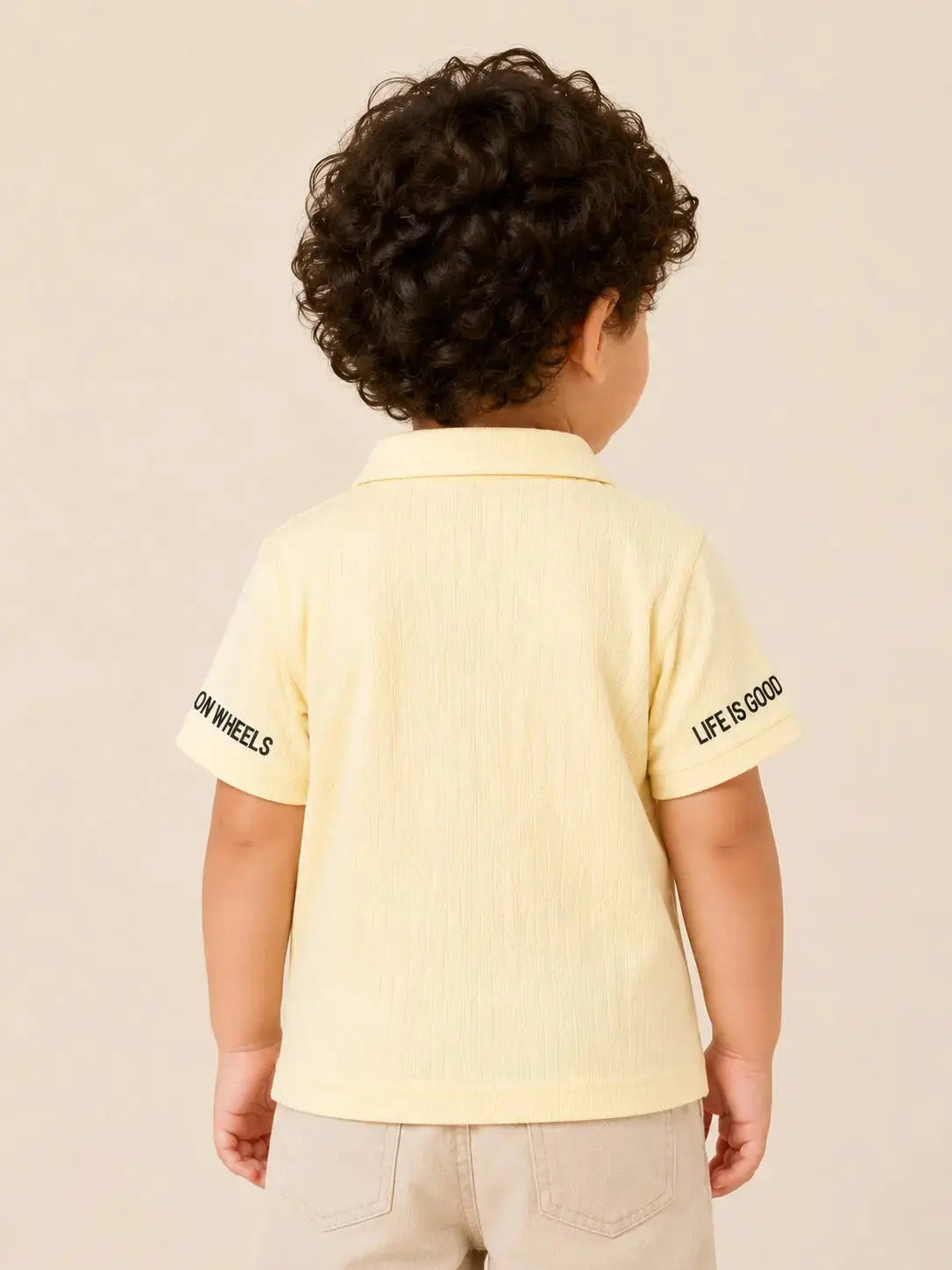 BloomUp Boys Cream Bike Graphic Polo T-Shirt – Textured Casual Half Sleeve Tee for Toddlers