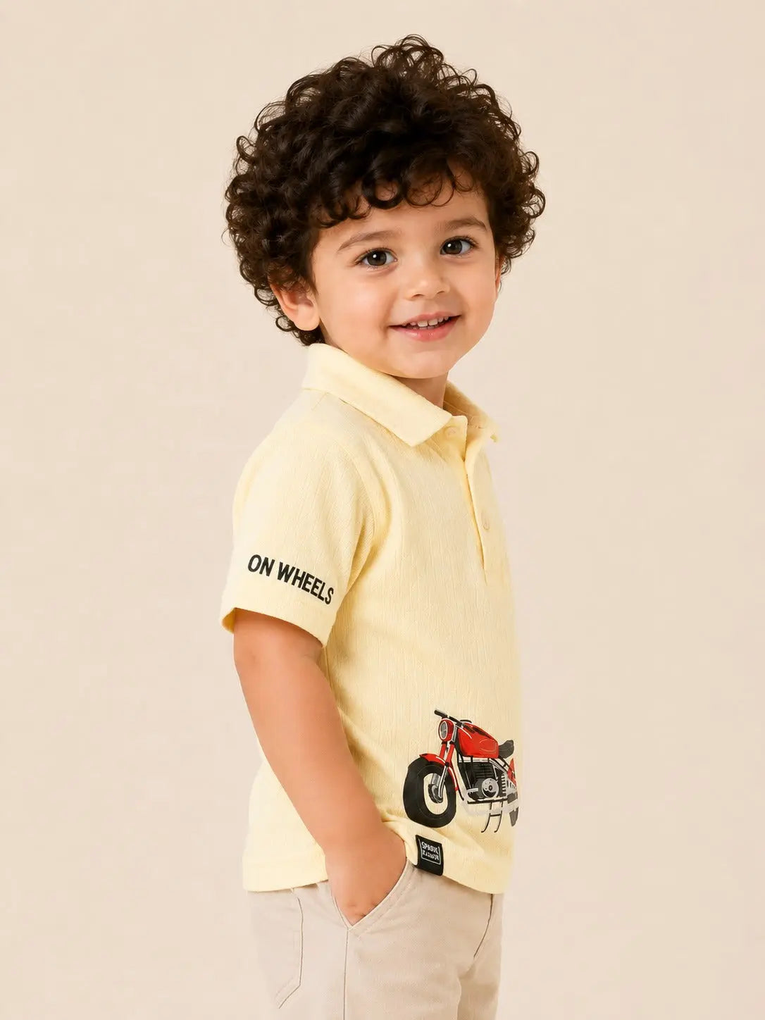 BloomUp Boys Cream Bike Graphic Polo T-Shirt – Textured Casual Half Sleeve Tee for Toddlers