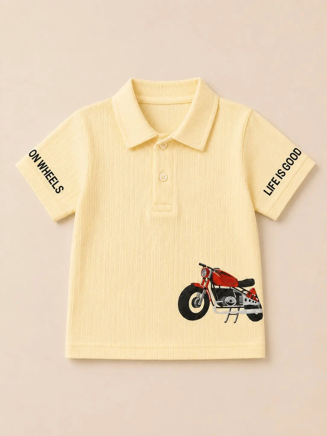 BloomUp Boys Cream Bike Graphic Polo T-Shirt – Textured Casual Half Sleeve Tee for Toddlers