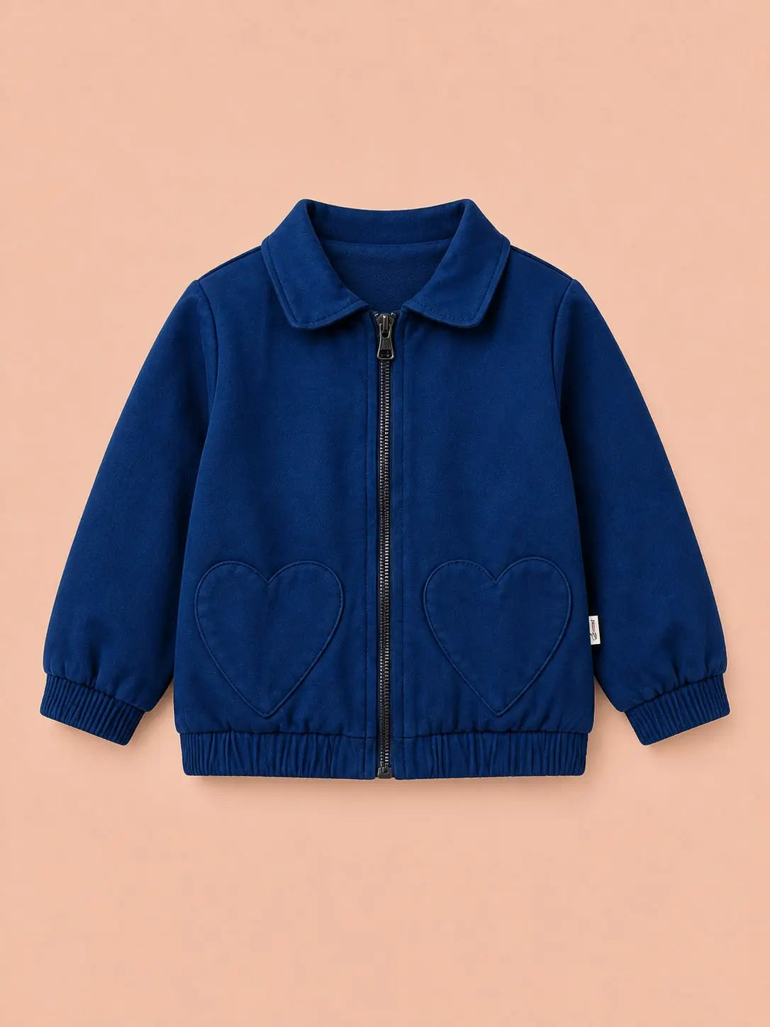 BloomUp Royal Blue Heart Pocket Zip-Up Jacket for Baby Girls – Soft Winter Bomber Jacket Kids Outerwear