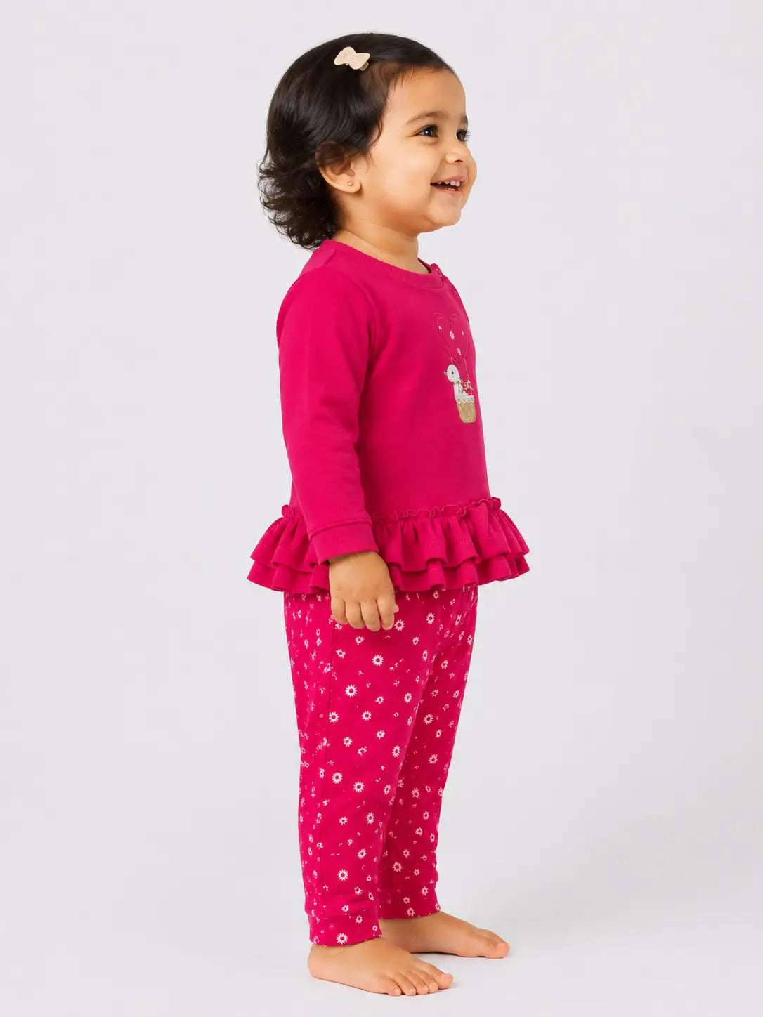 BloomUp Fuchsia Pink Ruffle Sweatshirt & Floral Legging Set for Girls – Soft Cotton Kids Co-ord Outfit