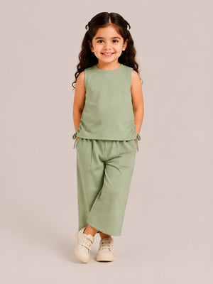BloomUp Sage Green Sleeveless Kids Top & Wide-Leg Pants Set – Comfortable Summer Outfit for Toddlers