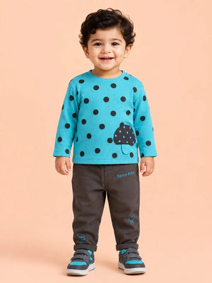 BloomUp Turquoise Blue Polka Dot Mushroom Applique Co-ord Set for Baby Boys – Soft Full Sleeve Top & Black Pants Kids Outfit