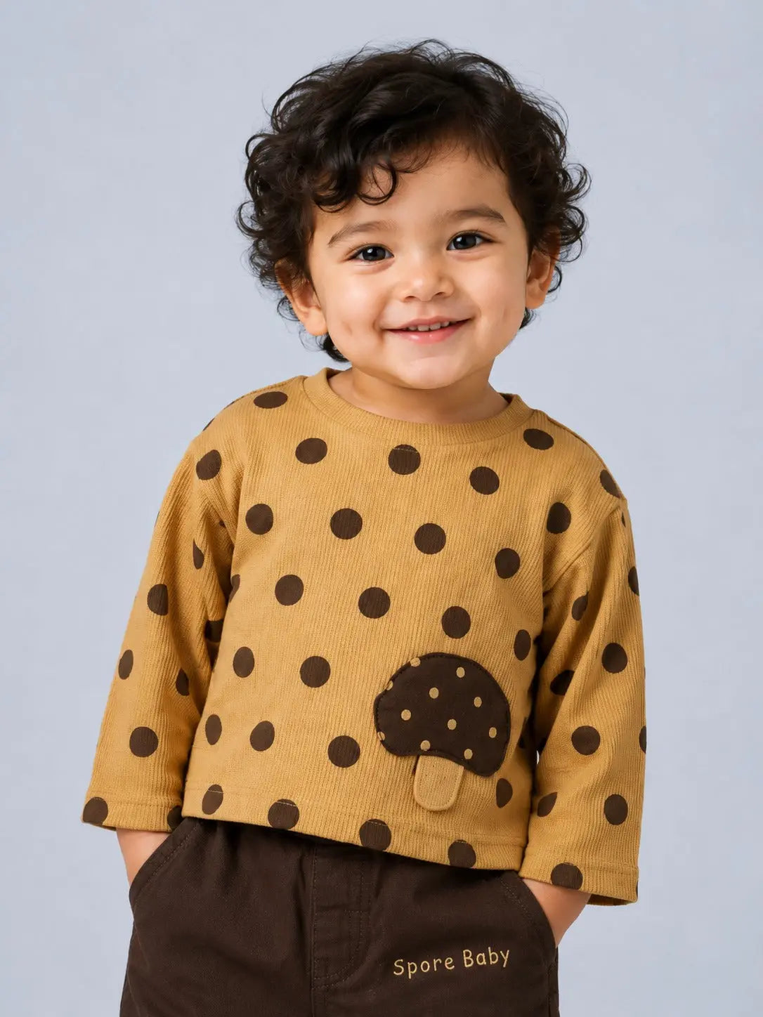 BloomUp Mustard Polka Dot Mushroom Applique Co-ord Set for Baby Boys – Soft Cotton Full Sleeve Top & Brown Pants