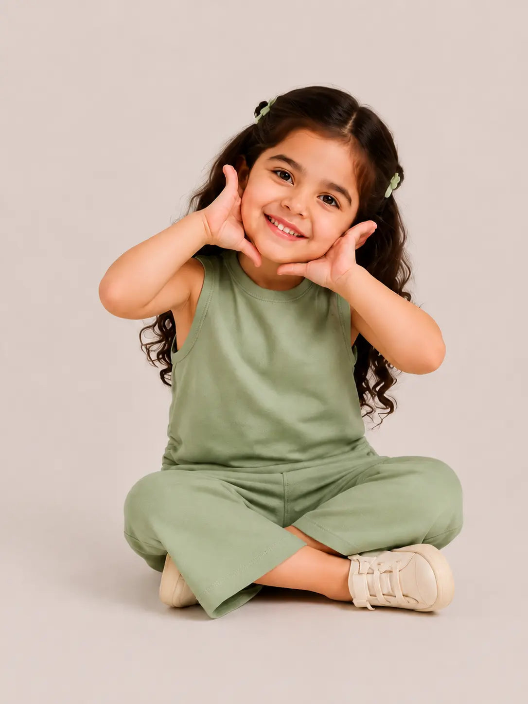 BloomUp Sage Green Sleeveless Kids Top & Wide-Leg Pants Set – Comfortable Summer Outfit for Toddlers