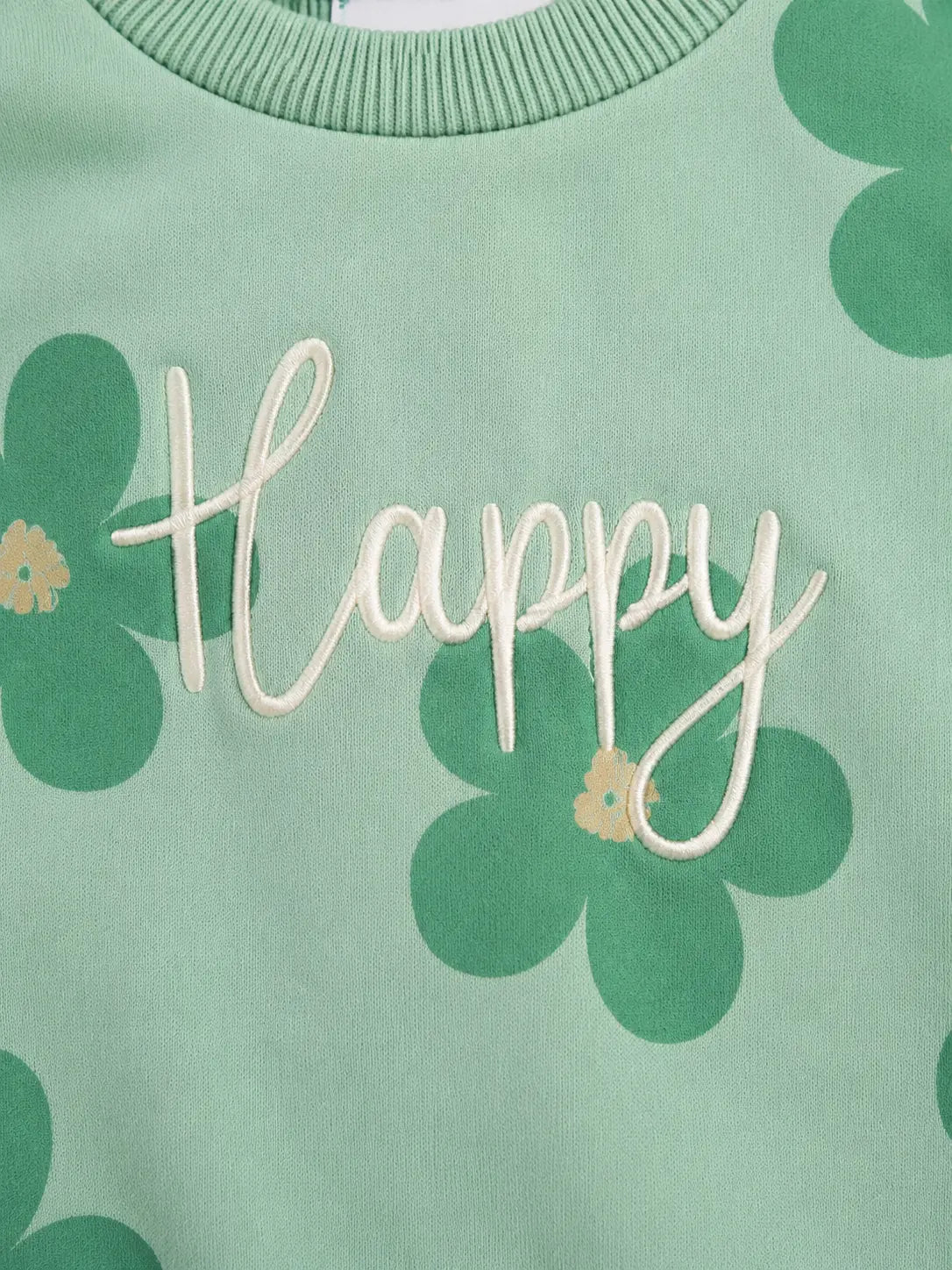 BloomUp Mint Green Happy Floral Sweatshirt & Beige Jogger Set for Girls – Soft Fleece Kids Co-ord Winter Outfit