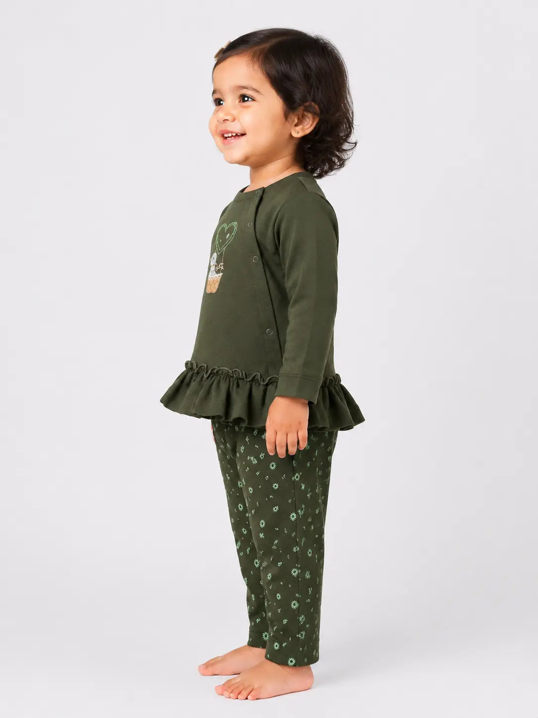 BloomUp Olive Green Ruffle Sweatshirt & Floral Legging Set for Girls – Soft Cotton Kids Co-ord Outfit