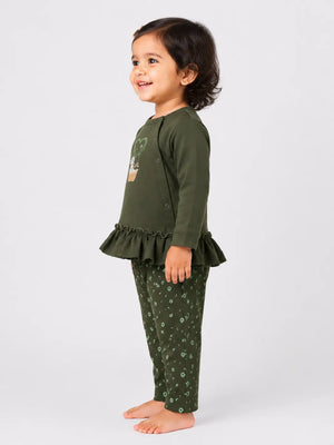 BloomUp Olive Green Ruffle Sweatshirt & Floral Legging Set for Girls – Soft Cotton Kids Co-ord Outfit