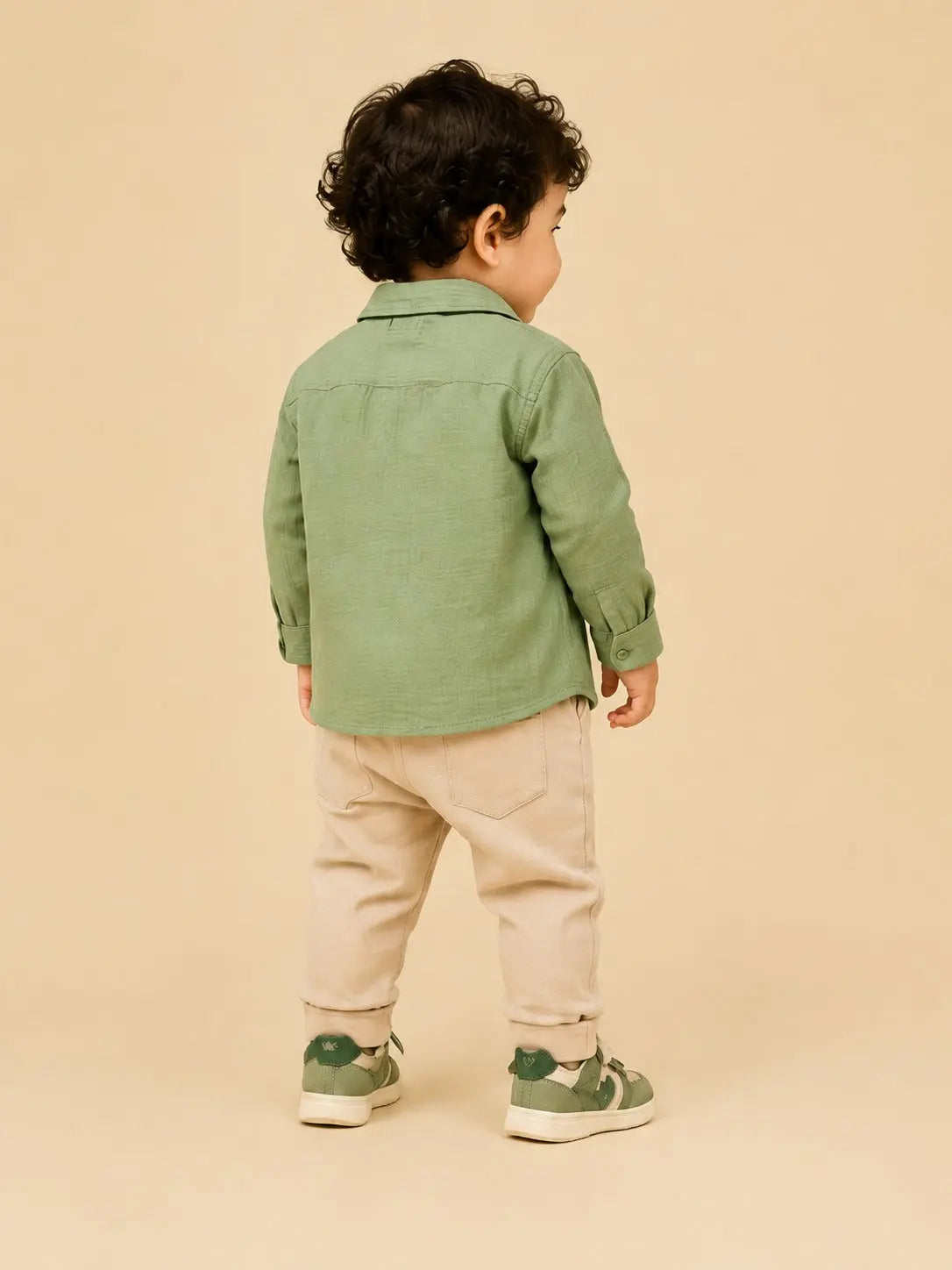 BloomUp Sage Green Layered Dinosaur 3-Piece Outfit for Baby Boys – Soft Shirt, Graphic T-Shirt & Beige Pants Kids Set