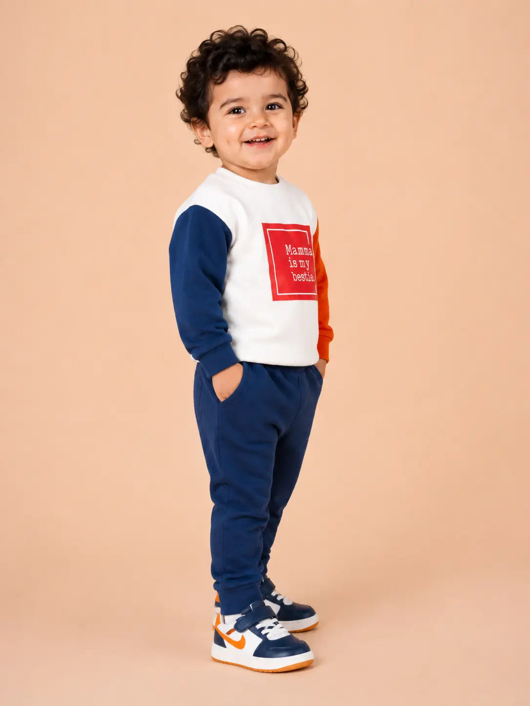 BloomUp Mamma Is My Bestie Colorblock Sweatshirt & Jogger Set for Kids – Soft Fleece Winter Co-ord Outfit