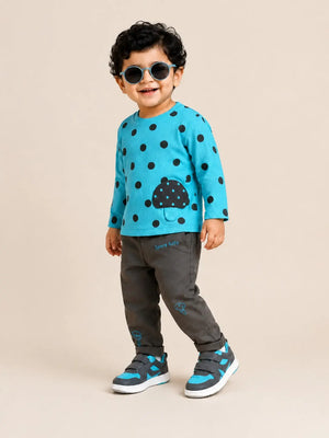 BloomUp Turquoise Blue Polka Dot Mushroom Applique Co-ord Set for Baby Boys – Soft Full Sleeve Top & Black Pants Kids Outfit