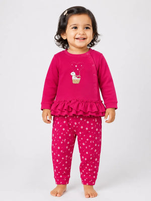 BloomUp Fuchsia Pink Ruffle Sweatshirt & Floral Legging Set for Girls – Soft Cotton Kids Co-ord Outfit