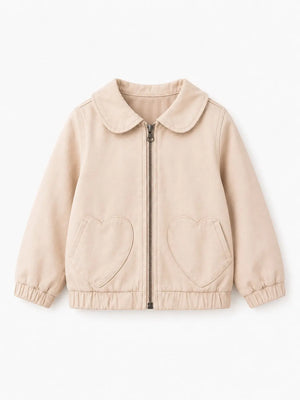 BloomUp Beige Heart Pocket Zip-Up Jacket for Girls – Soft Faux Leather Kids Outerwear