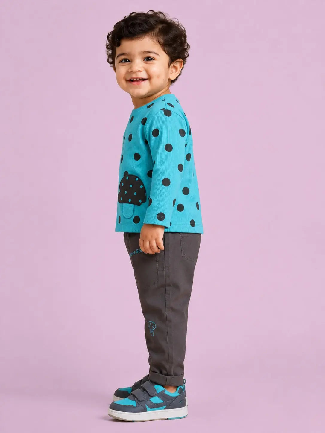 BloomUp Turquoise Blue Polka Dot Mushroom Applique Co-ord Set for Baby Boys – Soft Full Sleeve Top & Black Pants Kids Outfit